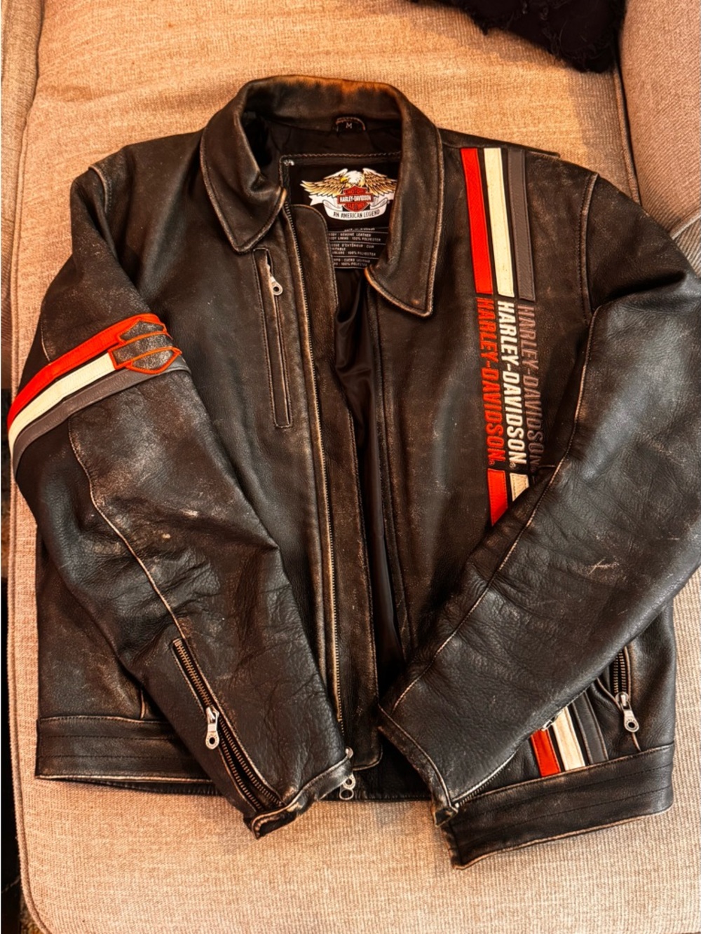 Harley-Davidson Women’s Brown Leather Racing Jacket with Orange& White Stripes